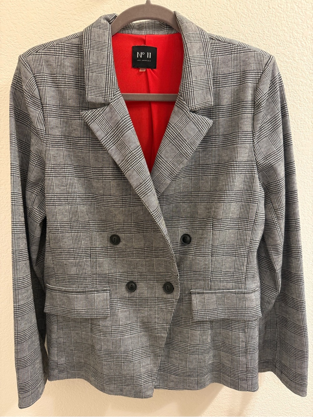 No. 11 Plaid Double-Breasted Blazer in Gray with Red Lining
